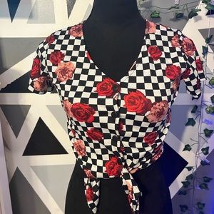 Checker board and rose button up crop shirt